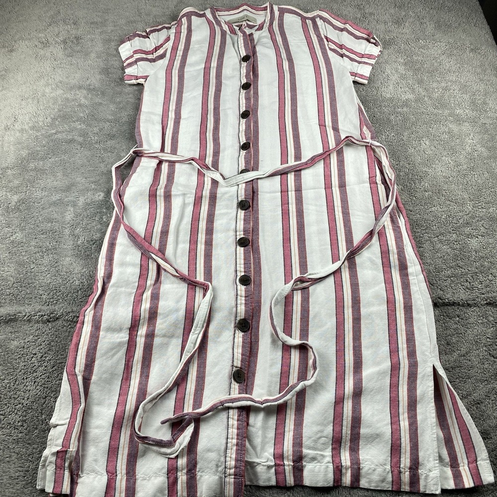 LOFT Linen Shift Dress Button Down Tie Belt Womens 2P Petite Striped White Pink